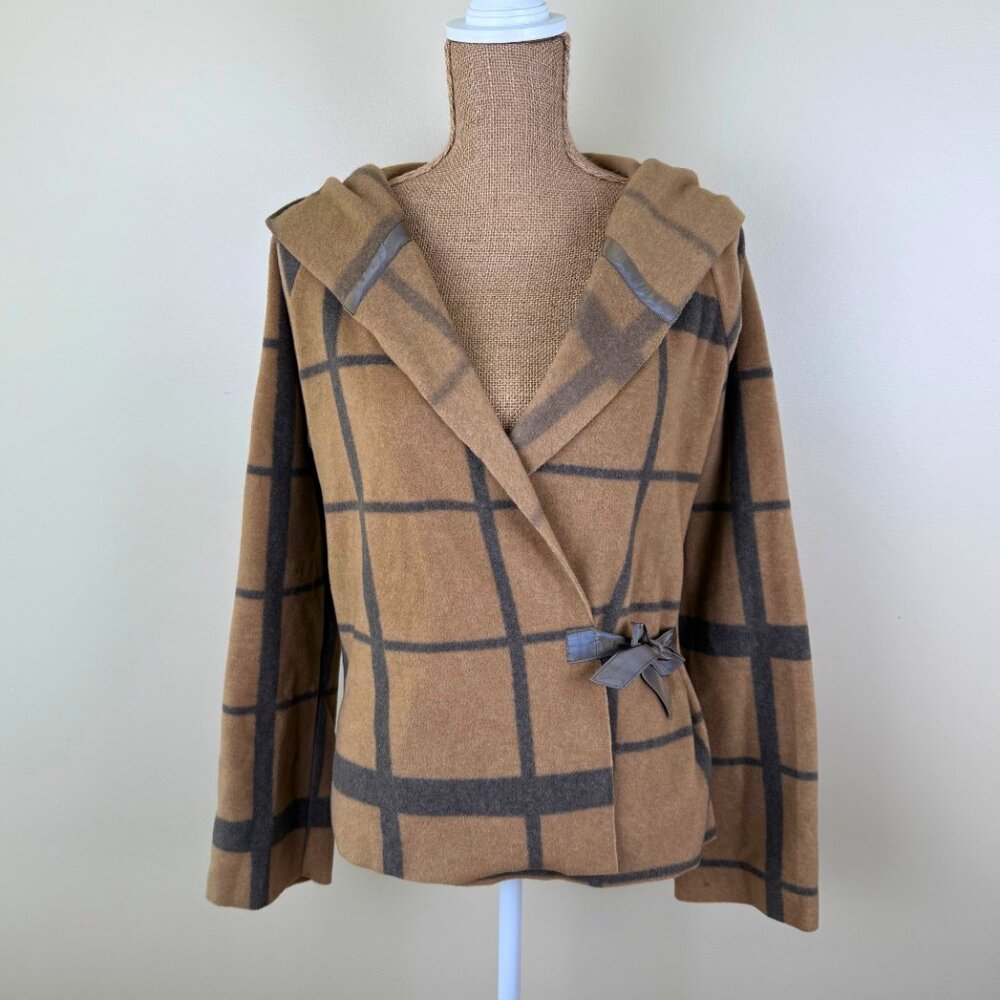 Henriette Steffensen Copenhagen Hooded Wrap Cardigan - Camel & Gray Windowpane